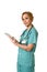 Happy woman md emergency doctor or nurse posing smiling cheerful with tablet pad