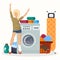 Happy woman next to laundry equipment. Working washing machine with linen baskets, detergent, ironing board and towels