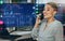 Happy woman, phone call and broker consulting stock market trends, overlay or discussion at office. Female person or