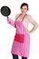 Happy woman in pink kitchen apron.