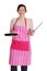 Happy woman in pink kitchen apron.