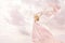 Happy Woman in Pink Long Dress, Girl Flying Silk Scarf Cloth
