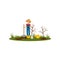 Happy woman planting tree in garden. Young armer in blue overall, red t-shirt, rubber boots and straw hat. Flat vector