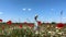 happy woman in poppy with chamomile flowers field