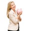 Happy woman, portrait and piggy bank for money investment, savings or loan isolated on a white studio background