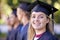 Happy woman, portrait and student in outdoor graduation for education, learning or qualification. Female person or