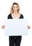 Happy woman, poster and mockup sign portrait with space for advertising sale, promotion and deal. Model billboard, paper