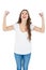 Happy woman raising fist