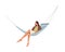 Happy woman relaxing in hammock. Young female resting, lying in comfortable hanging furniture. Carefree person at summer