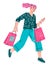 Happy woman rushing to the sale. Pretty woman shopper with bags, cartoon vector.