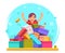 Happy woman shopping pile of goods gifts boxes flat design character vector illustration