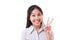 Happy woman showing 2 fingers gesture, victory sign
