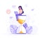 Happy woman sitting on an hourglass and working on her laptop with business process icons and infographics on background.