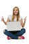 Happy woman sitting with laptop showing thumb up signs