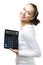 Happy woman stand with calculator