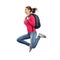 Happy woman or student with backpack jumping