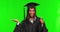 Happy woman, student and palm with thumbs up on green screen for graduation success on a studio background. Portrait of