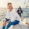 Happy woman, success or investment yacht on ocean, sea or water sailing in relax holiday, wealth vacation or summer