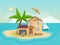 Happy woman sunbathing on beach summer vacation. Seaside villa house at island sea ocean