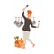 Happy Woman Super Chef Dancing with Kitchen Utensils Near Crate Full with Vegetables Vector Illustration