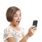 Happy woman surprised looking her smart phone