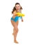 Happy woman in swimsuit throwing flying disc