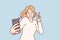 Happy woman taking selfie on phone to post photos on own page in social network. Vector image