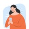 Happy woman texting message on smartphone, vector character illustration