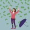 Happy woman with umbrella falling money rain. Success finance business, falling cash. Vector illustration