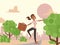 Happy woman walking in city park, vector illustration. Successful young businesswoman with bag, cartoon character
