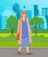 Happy woman is walking in park sunny day. Female character in sunglasses wearing dress outdoors