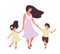 Happy woman walks with children. Mom dancing with her daughter and son, mother s day card, happy family. Flat vector