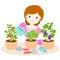 Happy woman watering plants cartoon