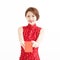 Happy woman wear cheongsam and giving Red envelopes