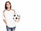 Happy woman wearing football shirt holding footbal