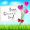 Happy women day, greetings card. Pink tulips on the blue summer sky backdrop. Green grass and white clouds. Hand-drawn