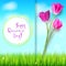 Happy women day, greetings card. Pink tulips on the blue summer sky backdrop. Green grass and white clouds. Hand-drawn