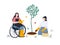 Happy women gardening. Woman on wheelchair is watering a seedling in a garden. Girl is mulching a tree. Gardening on the