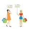 Happy women hold shopping bags, messages with positive reviews. Testimonials, customer feedback after shopping. Clients rank