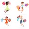 Happy women jump with shopping bags. Young girls jumping holding packages with purchases. Cartoon vector illustration.