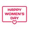 Happy Women`s Day badge with heart icon on white background. 8 March theme in dialog bubble. Quotes stamp. Flat vector