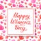 Happy Women s Day calligraphy lettering on background with realistic red and pink hearts. International womens day poster, banner