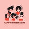 Happy women`s day card with five women stand side by side together. Strong and brave girls support each other. Sisterhood and