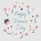 Happy Women\\\'s Day greeting card. Calligraphic inscription, roses, pumps, hearts, envelope. Doodle flat elements