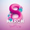 Happy Women`s Day Greeting Card Design. International 8 March Holiday Illustration with Shiny 3d Eight on Pink