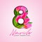 Happy Women`s Day Illustration with Tulip Bouquet and 8 March Typography Letter on Pink Background. Vector Spring Flower