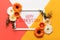 Happy Women`s day Living Coral Pantone Color Background. Coral flat lay greeting card template with beautiful flowers.