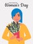 Happy Women`s Day March 8th. A woman with short blue hair and a yellow sweater holds a bouquet of lilies of the valley