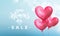 Happy women`s day sale banner with ballon heart on romantic blue light bokeh background. Vector 8 March text poster