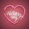 Happy Women`s Day script lettering inscription. Abstract background with bright pink vector neon heart.